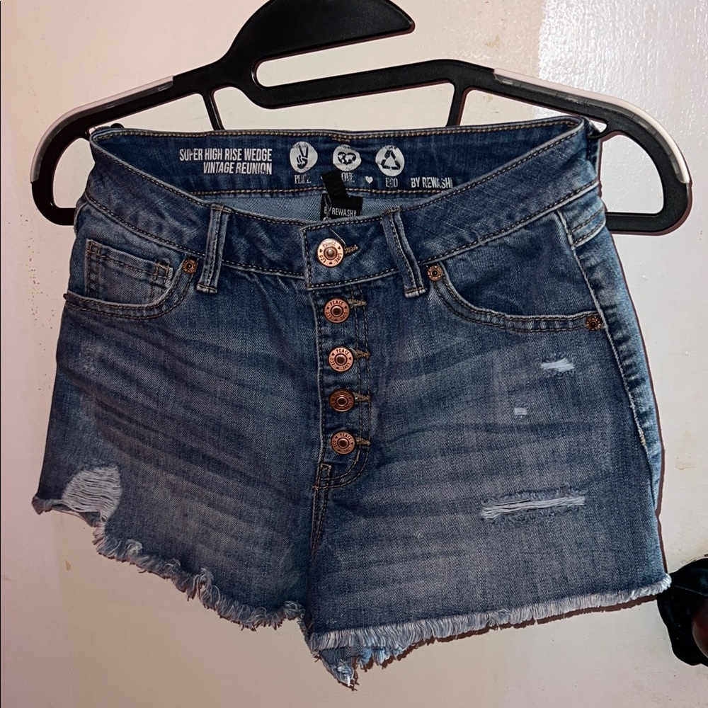 Rewash Distressed High-Rise Button-Fly Denim Shorts - Blue